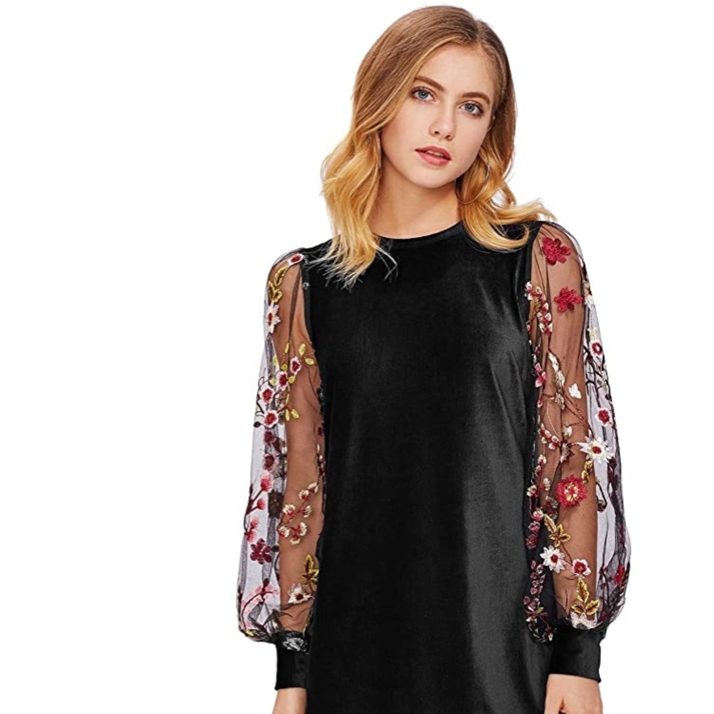 Velvet Tunic Dress/ Sheer/ Embroidered Flowers
